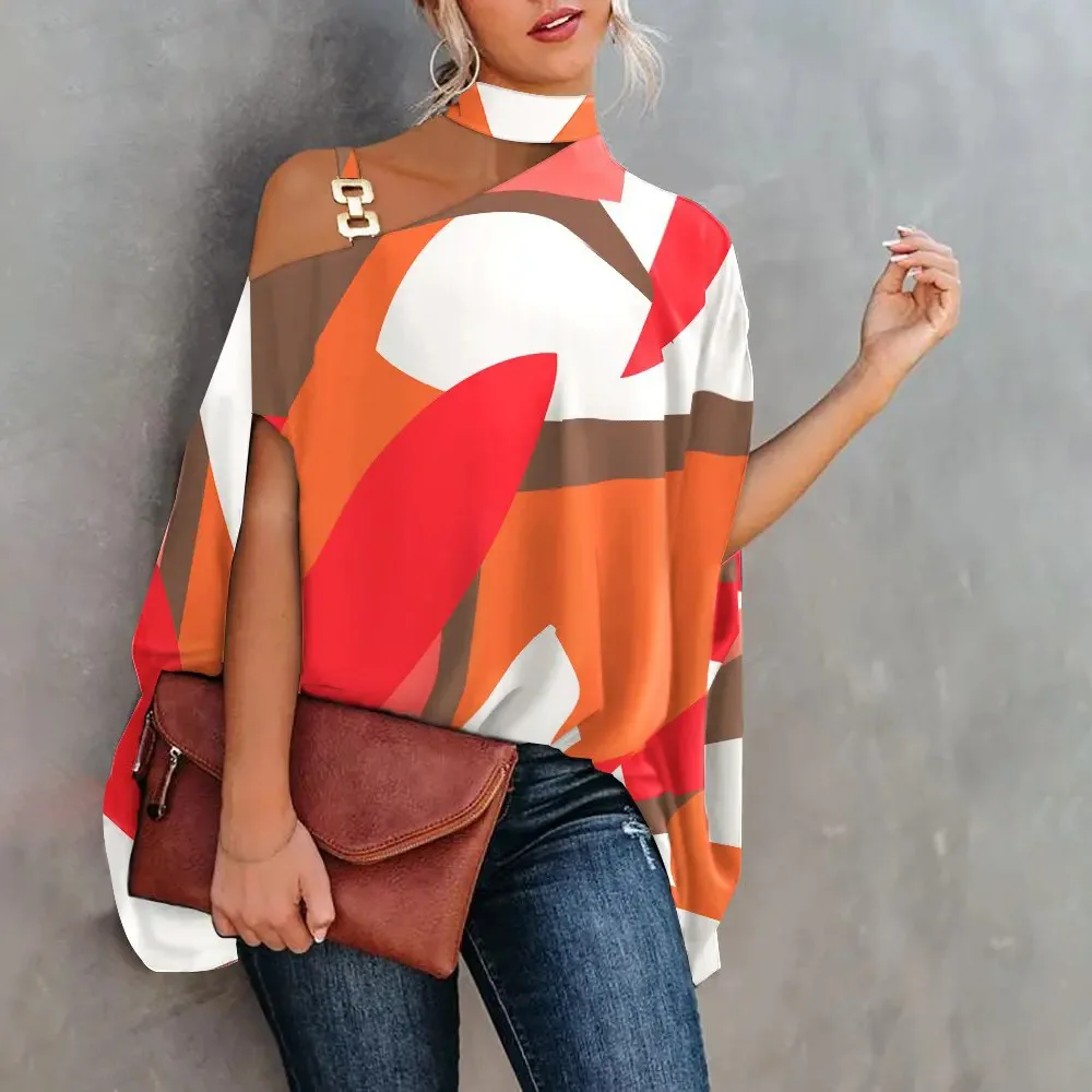 

Женская свободная рубашка с рукавами «летучая мышь» и косым вырезом