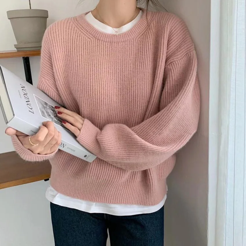 

Solid Casual Loose Sweater Women O Neck Knitted Autumn Winter Warm Korean Loose Pullovers Long Sleeve Female