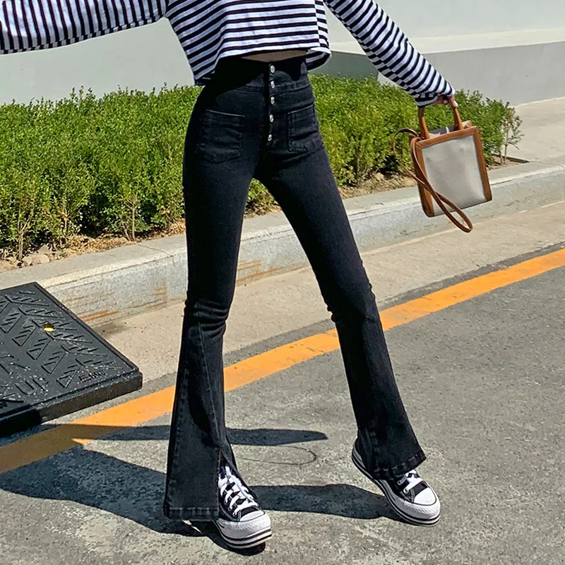

Streetwear Vintage Jeans Women Solid Color Slim Jeans Fall Winter High Waist Jeans Single Breasted Denim Bell-Bottom Pants