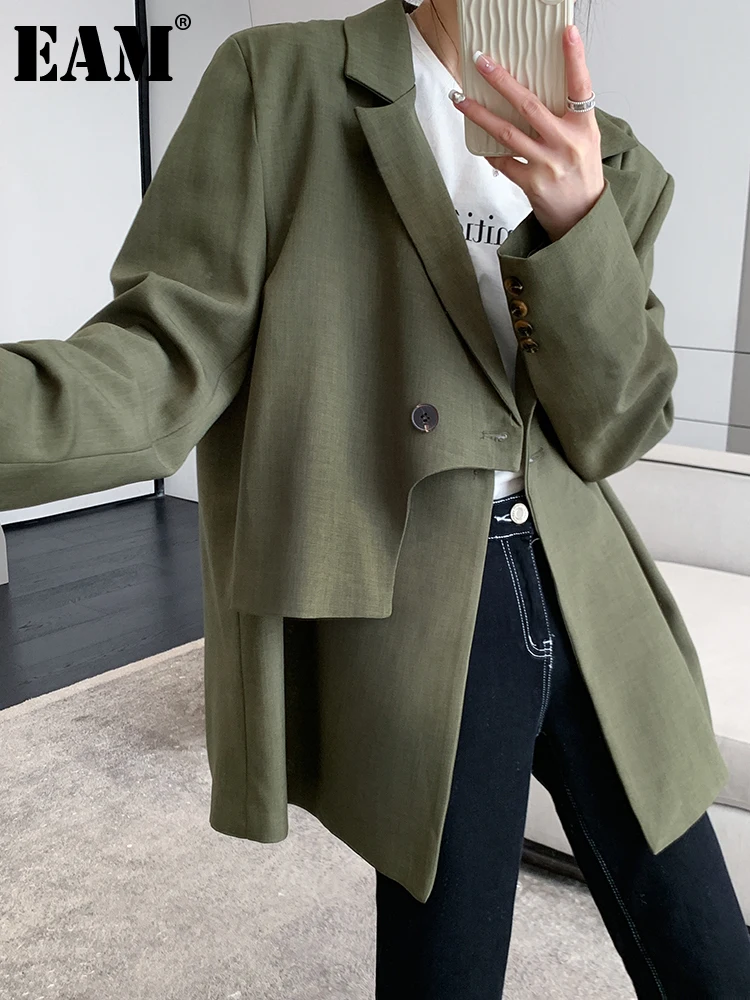 [EAM] Women Green Irregular Big Size Casual Blazer New Lapel Long Sleeve Loose Fit Jacket Fashion Spring Autumn 2023 1DF5044