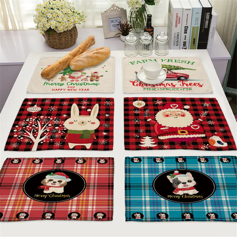 

Christmas Pattern Cotton Linen Pad Dining Table Mats Santa Claus Christmas Snowman Coaster Bowl Cup Mat Kitchen Placemats