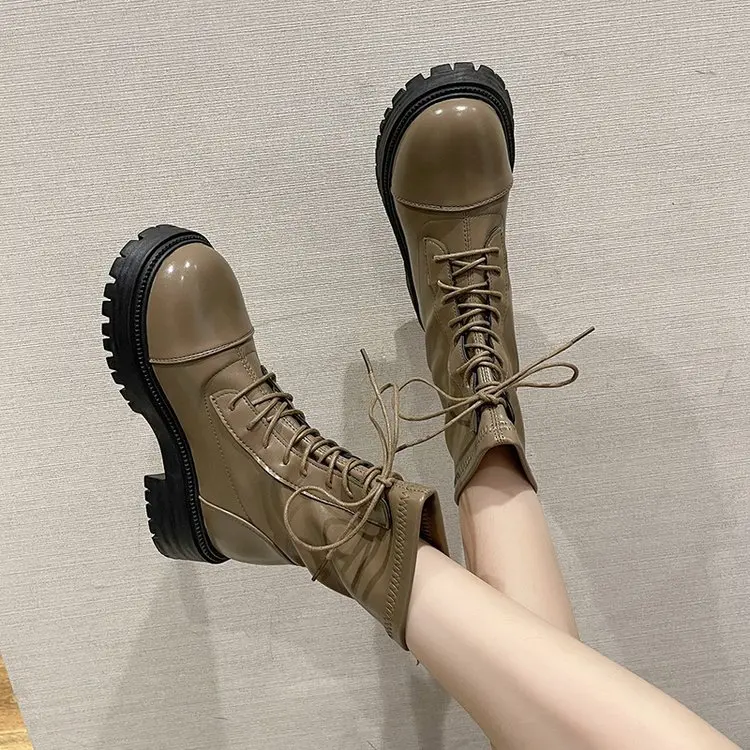 

Женские ботинки, женская обувь, осенние ботинки с круглым носком, женские резиновые ботильоны на среднем каблуке, 2022, рок-тканевые римские б...