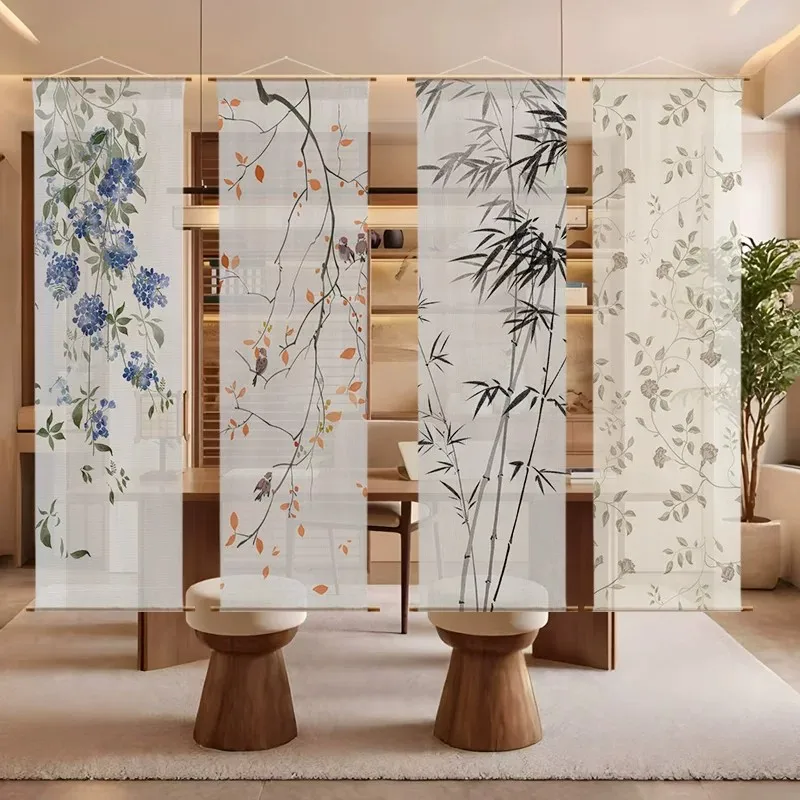 Фото ✨ Настенное украшение Zen Gauze – светопропускающие бамбуковые и цветочные занавески без сверления, полупрозрачная ширма для зонирования пространства для медитации №2