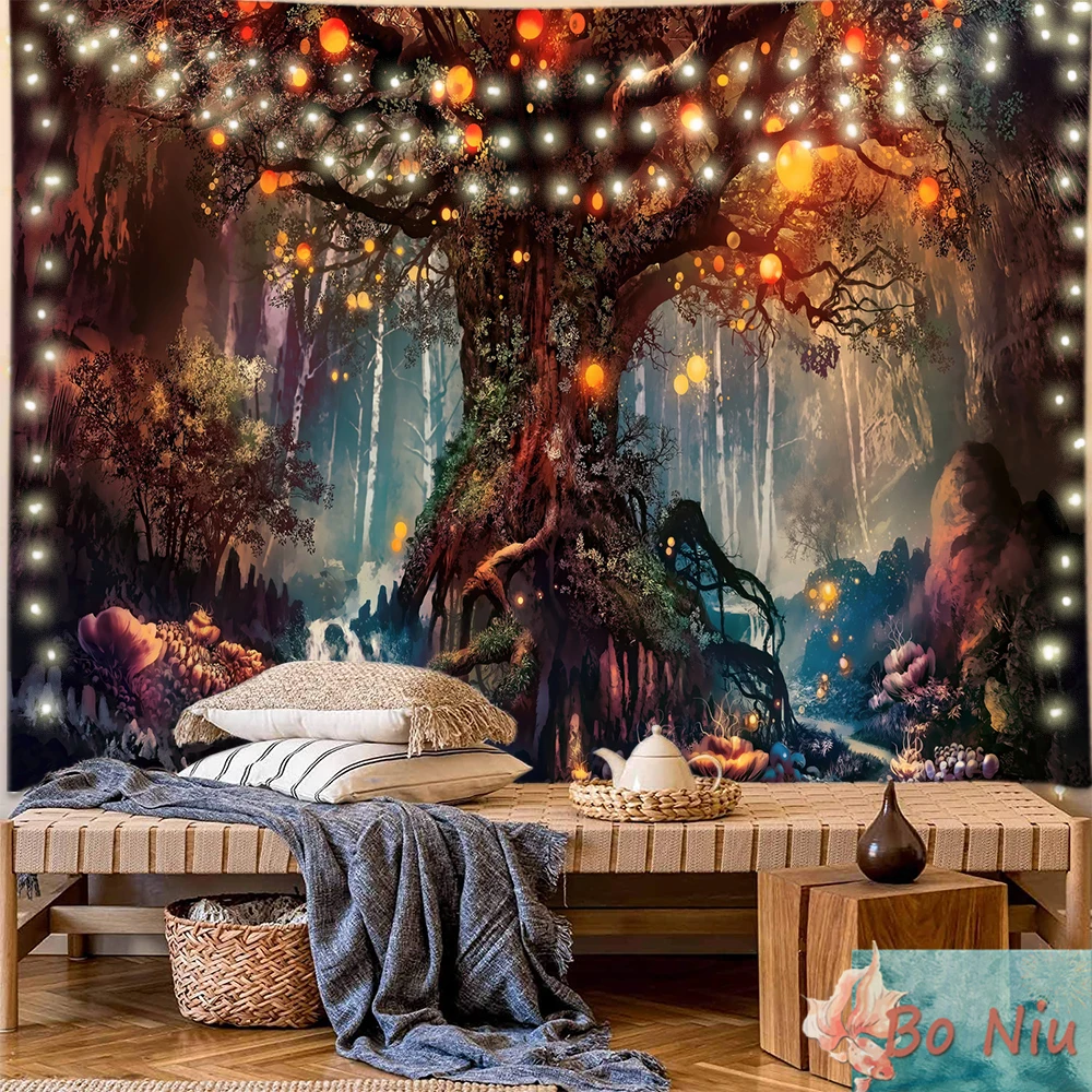 

World Tree Of Life Forest Fantasy Landscape Tapestry Stream Fairy Tales Wall Art Hanging Bedroom Living Room Dorm Decoration
