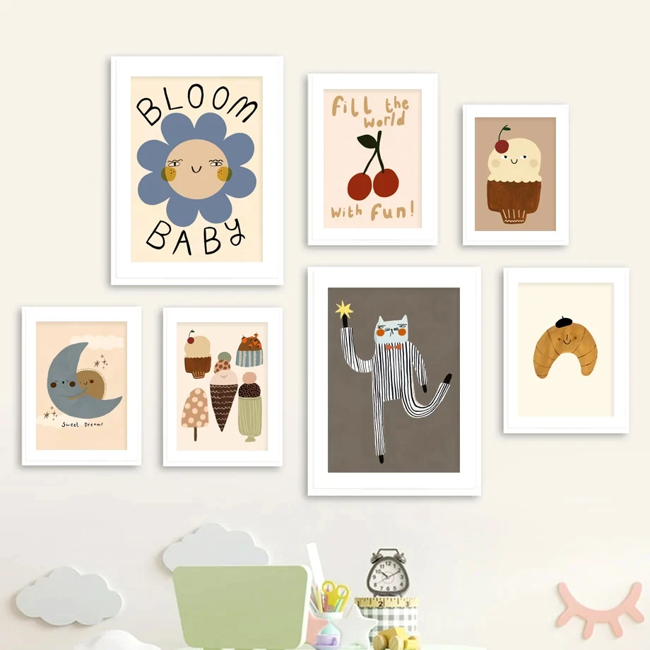 Винтажный постер с изображением кота вишни мороженого яблока солнца Луны