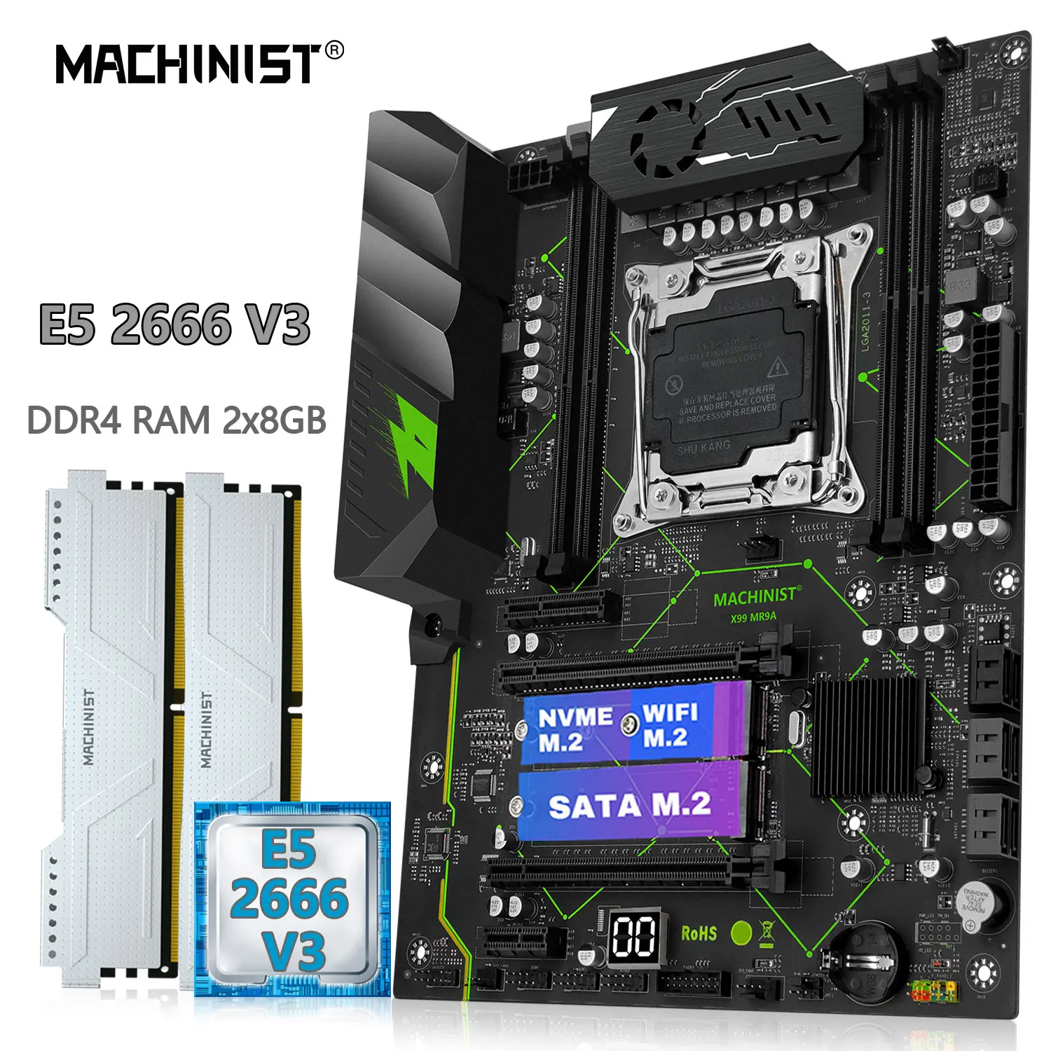 MACHINIST X99 Motherboard Combo kit Whit Xeon E5 2666 V3 CPU LGA 2011-3 DDR4 2PCS*8GB 2666MHz RAM USB3.0 NVME SATA M.2 X99 MR9A