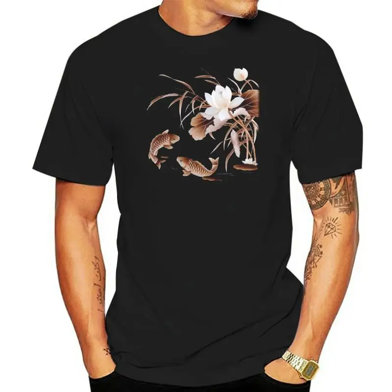 

Amazing Scenery 2022 Men Black T-shirt Chinese Reed Carp & Lotus Painting Adult Slim Fit T Shirt Cotton Top Tee Casual