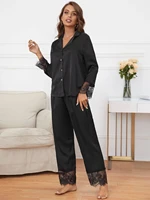 2022 new lace panel lapel collar satin night setwomens sleepwear sexy pajamas for women
