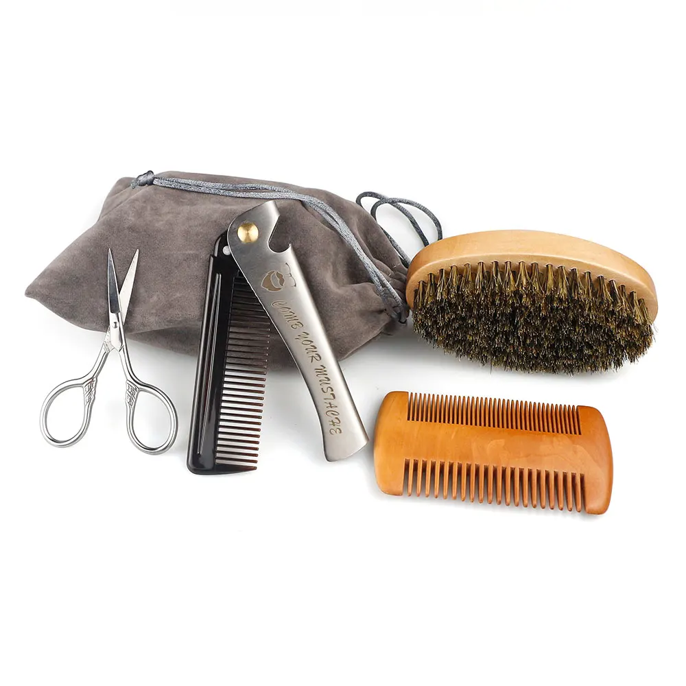 Boar Bristle Beard Brush Set For Men Professional Styling Comb Scissor Repair Beard Tools Set Wood Barber Shaving Kit