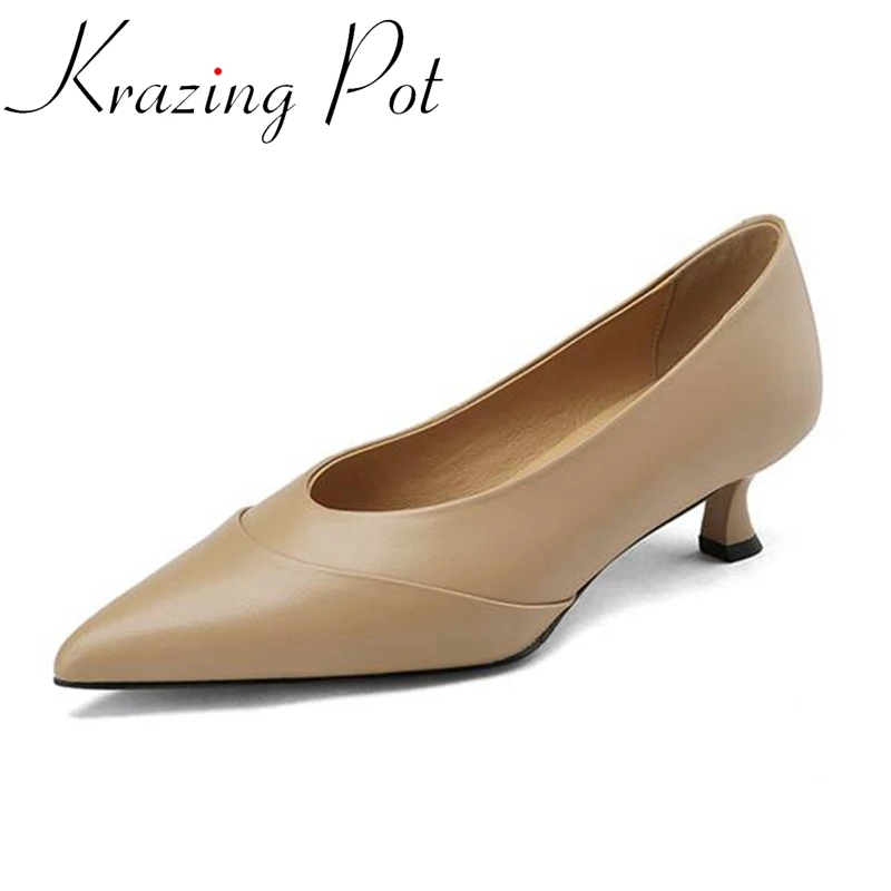 

Krazing Pot Genuine Leather Pointed Toe Med Heels Spring Shoes Big Size 42 Design Party Mature England Style Slip on Women Pumps