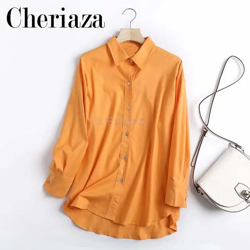 

CHeriaza New European andAmerican style solid color lapel single breasted loose fitting boyfriend mid length shirt women's shirt