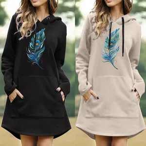 Womens Casual Feather Printing Solid Color Pullover Hooded Pocket Long Sleeve Dress Sweatshirt Dress Women