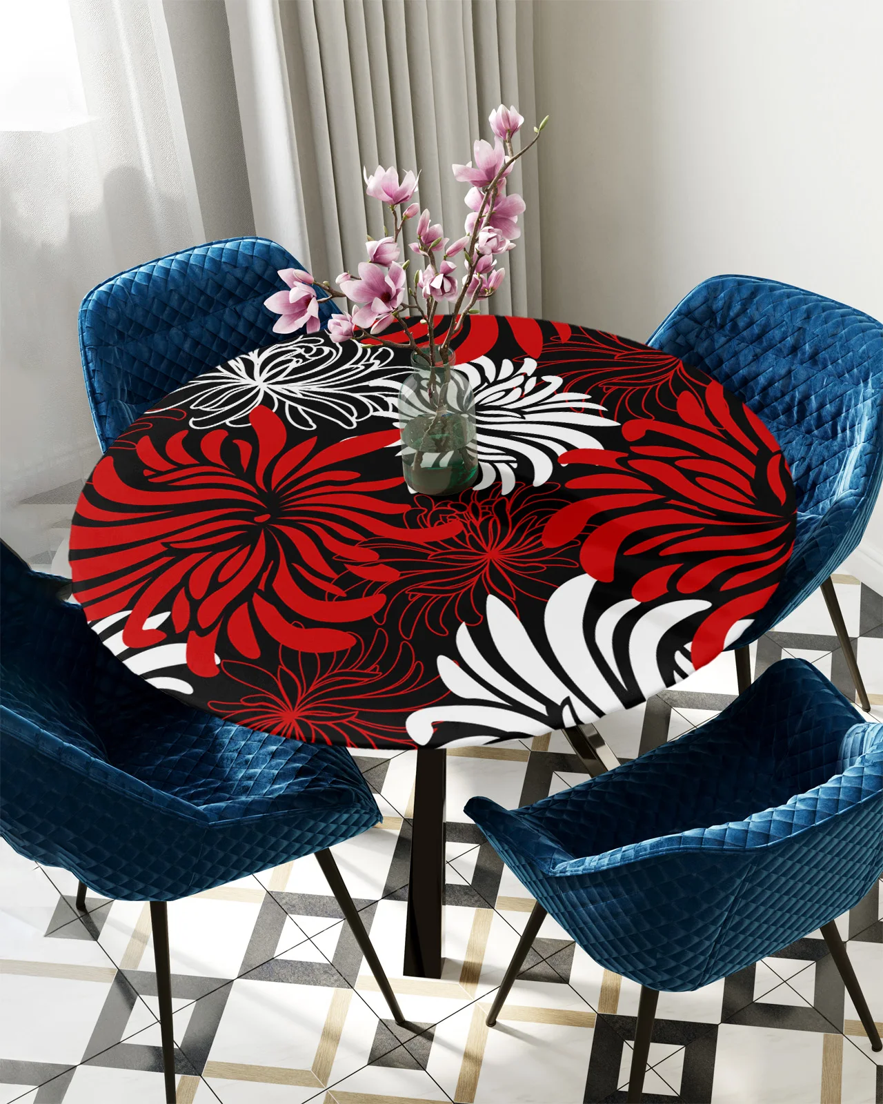 

Red Black Flower Chrysanthemum Round Rectangular Table Cover Waterproof Elastic Tablecloth For Kitchen Table Cloth Home Decor
