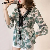 women oversize loose straight v neck patchwork floral three quarter t shirt tops fashion casual summer elegant silky comfortable
