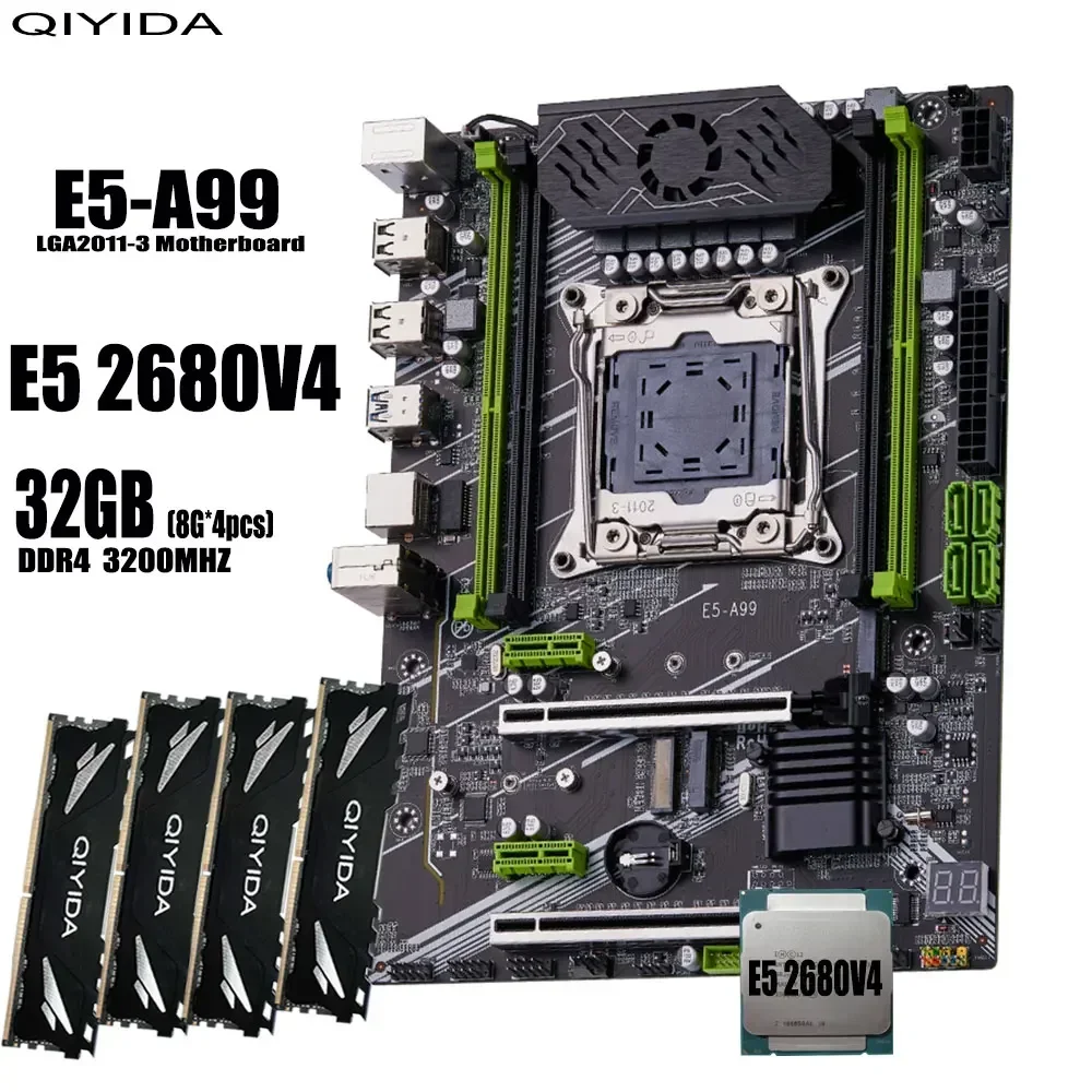 Комплект материнской платы QIYIDA X99 xeon LGA2011-3 E5 2680 V4 4*8 ГБ = 32 3200 МГц 4 канала DDR4 SATA 3 0 nvme