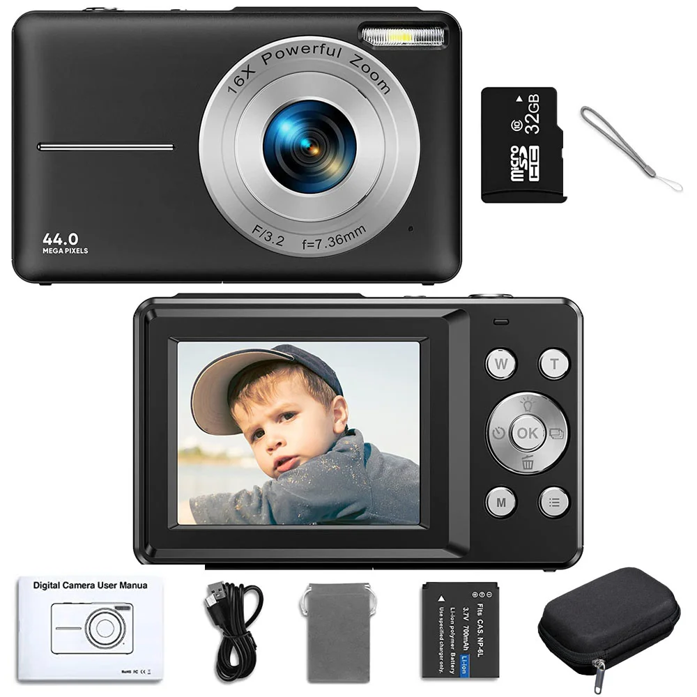 

Digital Camera Children Camera for Children Camcorder with 16x Zoom Compact Cameras 1080P 44MP Cameras for Beginner Photography