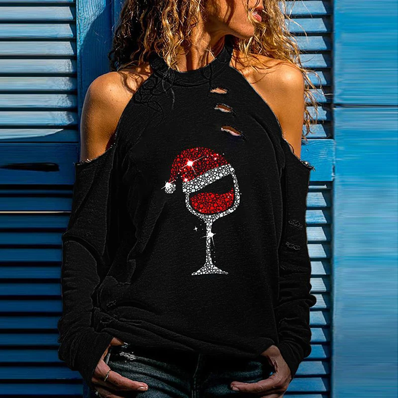 Модная Рождественская футболка женские осенние Рубашки с открытыми плечами и