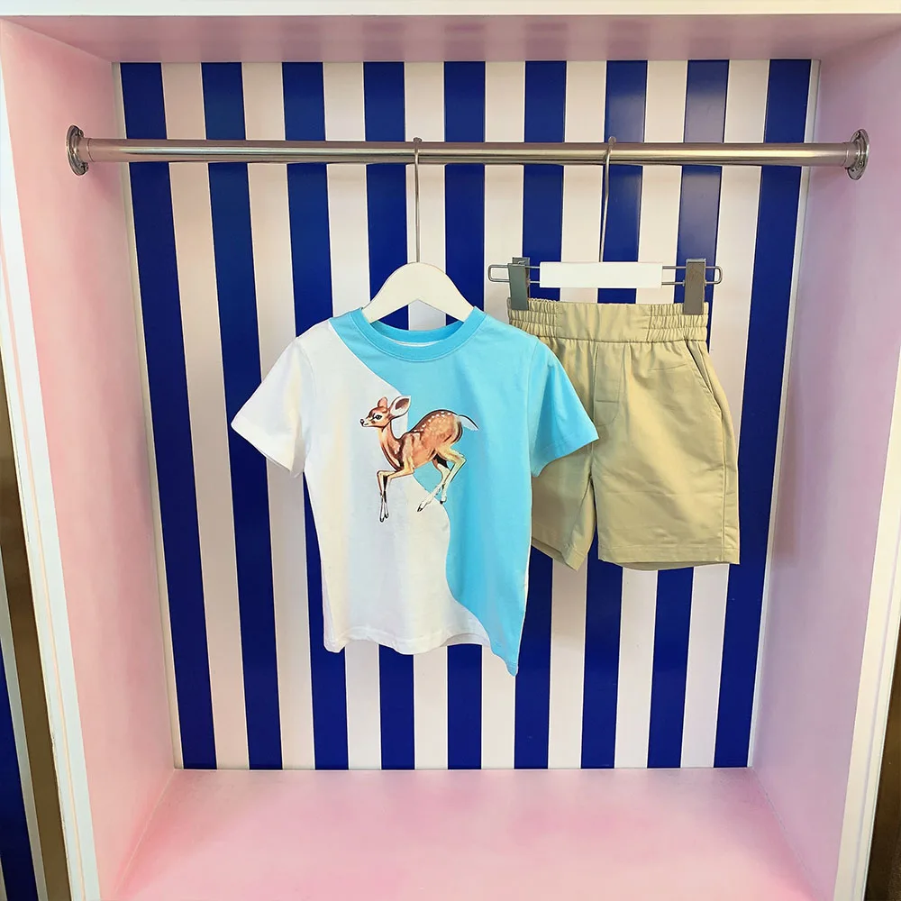 

High end children's casual suit 2022 new style boys' and girls' clothing cotton top short sleeve + small trousers two-piece set