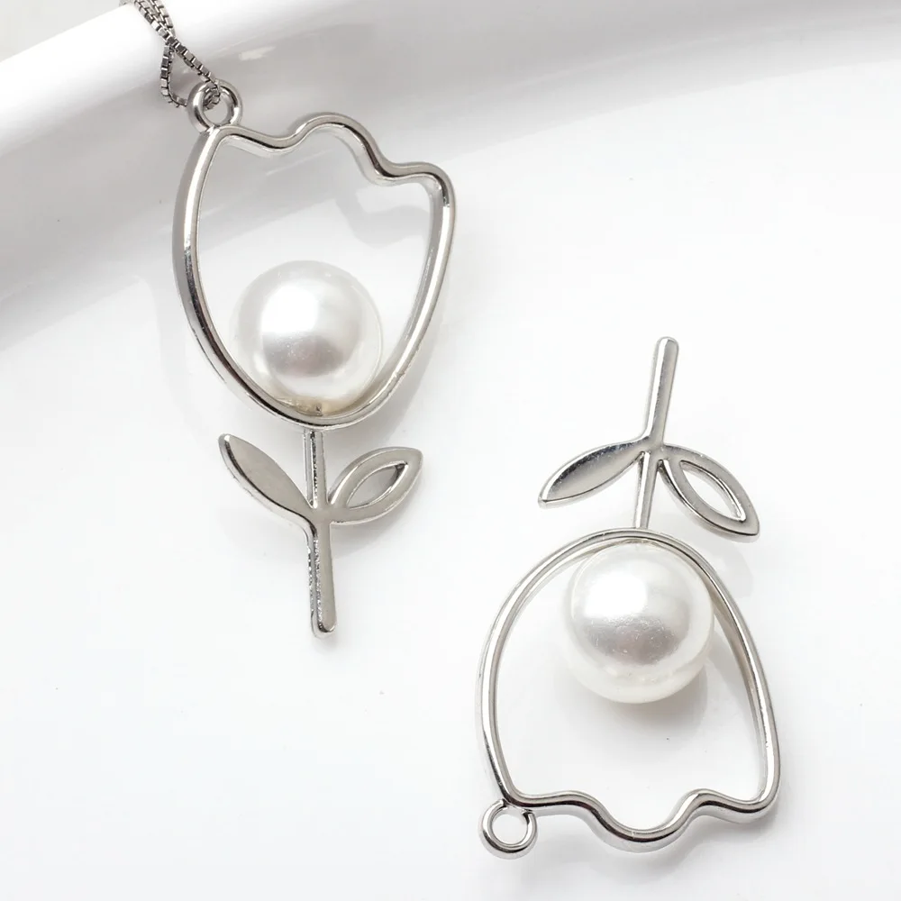 

10pcs Alloy Metal Inlaid Imitation Pearl Heart Charm Hollow Out Flower Pendant For DIY Earring Necklace Bracelet Accessories