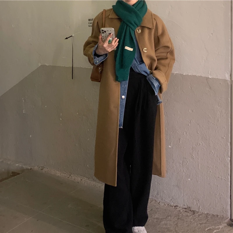 

Женское зимнее Свободное длинное шерстяное пальто, однобортное прямое шерстяное пальто 2022, женская теплая верхняя одежда в Корейском стиле