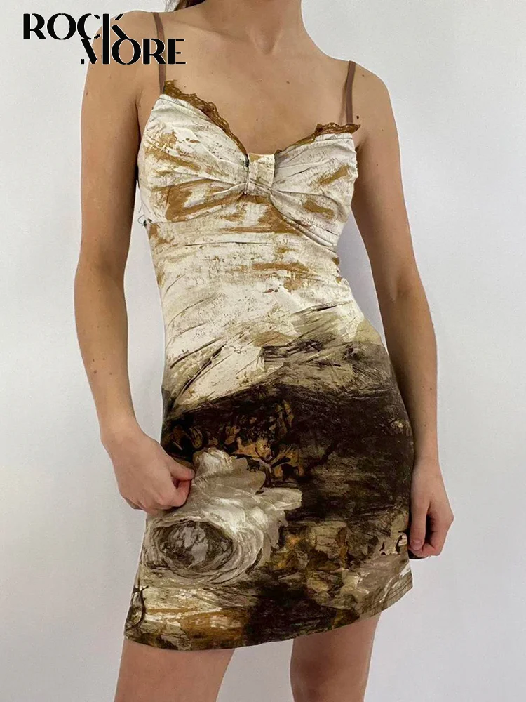 

Rockmore y2k Vintage Print Mini Dress Women 2000s Aesthetic Lace Frills Sexy V-neck Beach Party Dresses Grunge Fairycore Clothes