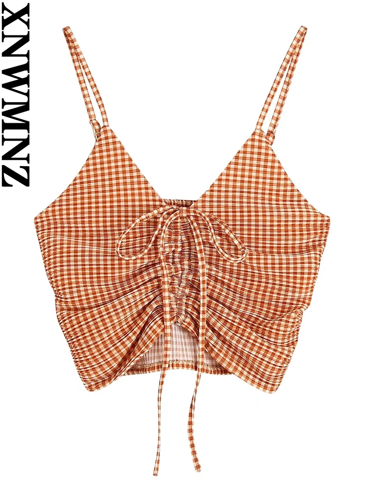 

XNWMNZ summer women Fashion sexy gingham v-neck gathered thin straps crop top female or elastic waistband plaid high waist skirt