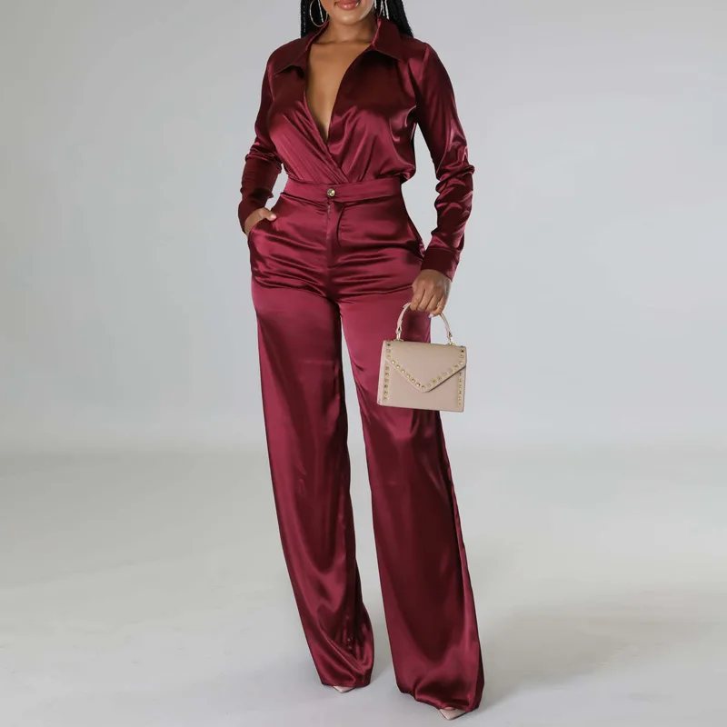 

Женский однотонный костюм из блузки с длинным рукавом и V-образным вырезом