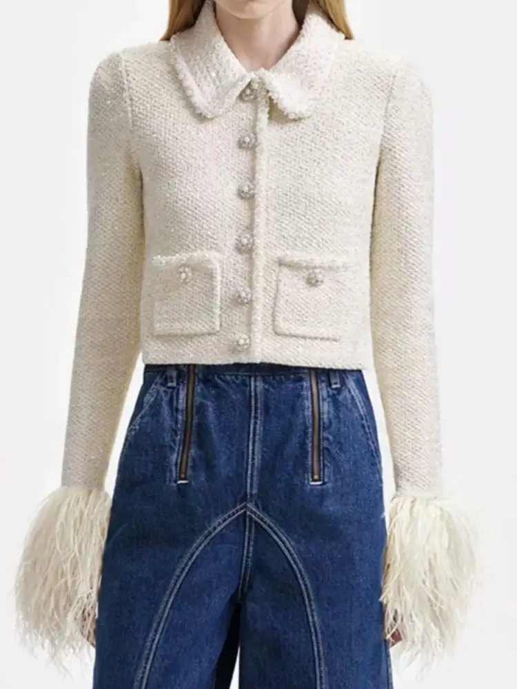 Женский твидовый кардиган с блестками однобортный милый свитер длинными