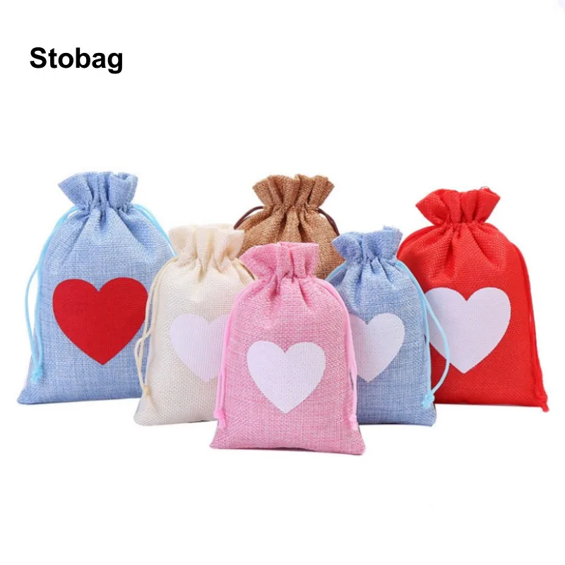 

StoBag 50pcs Wholesale Linen Love Cotton Bags Small Drawstring Pocket Jewelry Pouch Reusable Gift Packaging Storage Favors