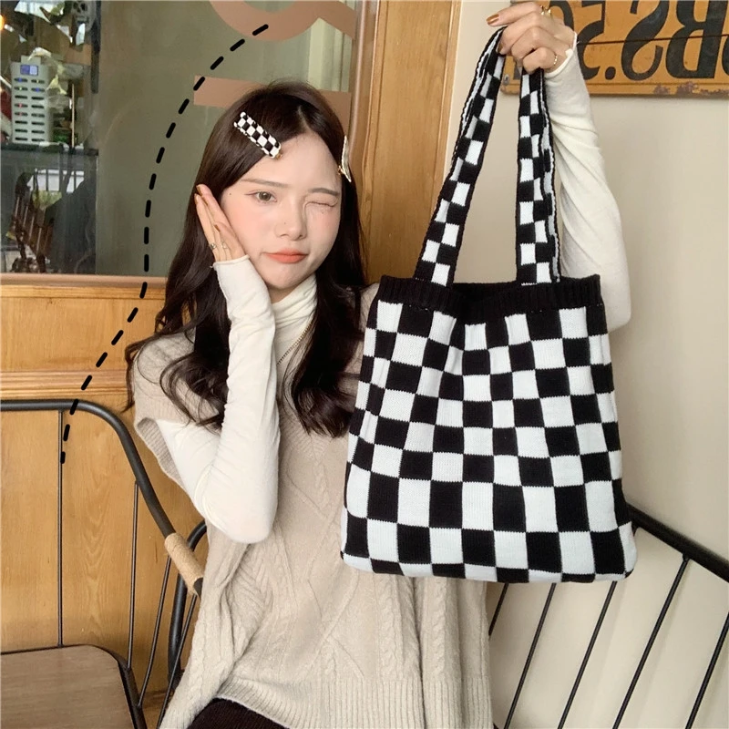 Knitted Checkerboard Bag For Women Canvas Tote Shoulder Bags Retro Weave Plaid Handbags Female Casual Travel Shopping School Bag