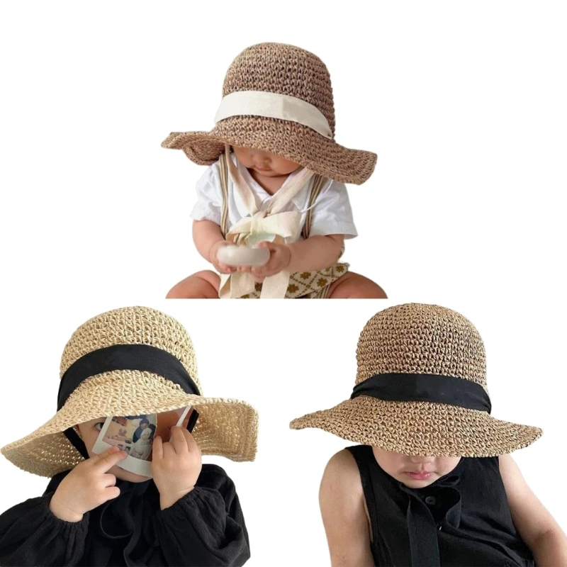 

67JC Straw Woven Cap Baby Beach Sun Hats Newborn Photography Props Wide Brim Summer SunProtection Hat Travel Sun-visor Hat