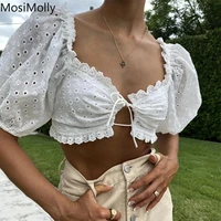 mosimolly cotton embroidery lace tops women white lace cotton blouses shirt tops 2022 summer puff sleeve shirt tops lace up