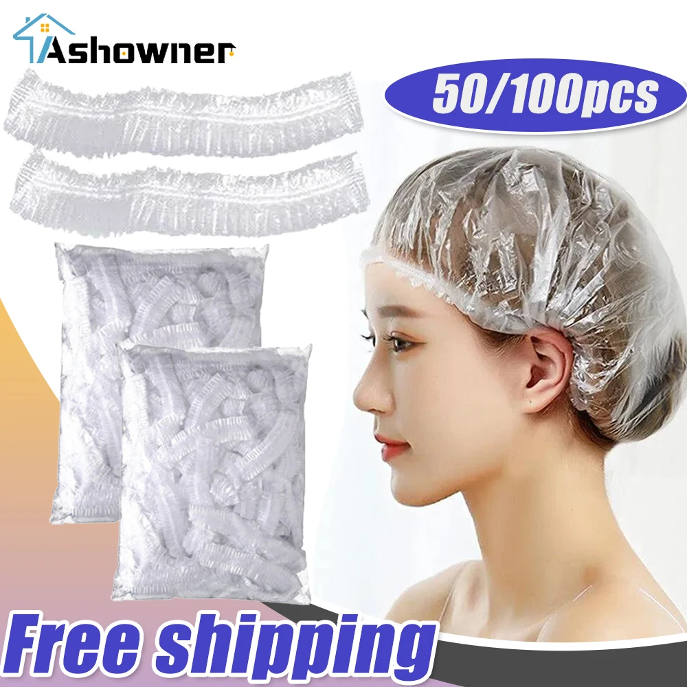 50/100Pcs Disposable Shower Cap Elastic Mesh Shape Waterproof Non-woven Bath Hat for Extension Clear Beauty Hair Hat Shower Cap