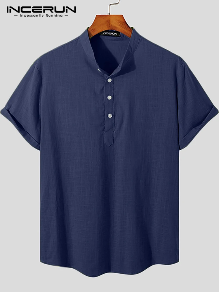 Casual All-match New Men Tops INCERUN Chinese Style Retro Stand Collar Solid Simple Blouse Comfortable Short Sleeve Shirts S-5XL