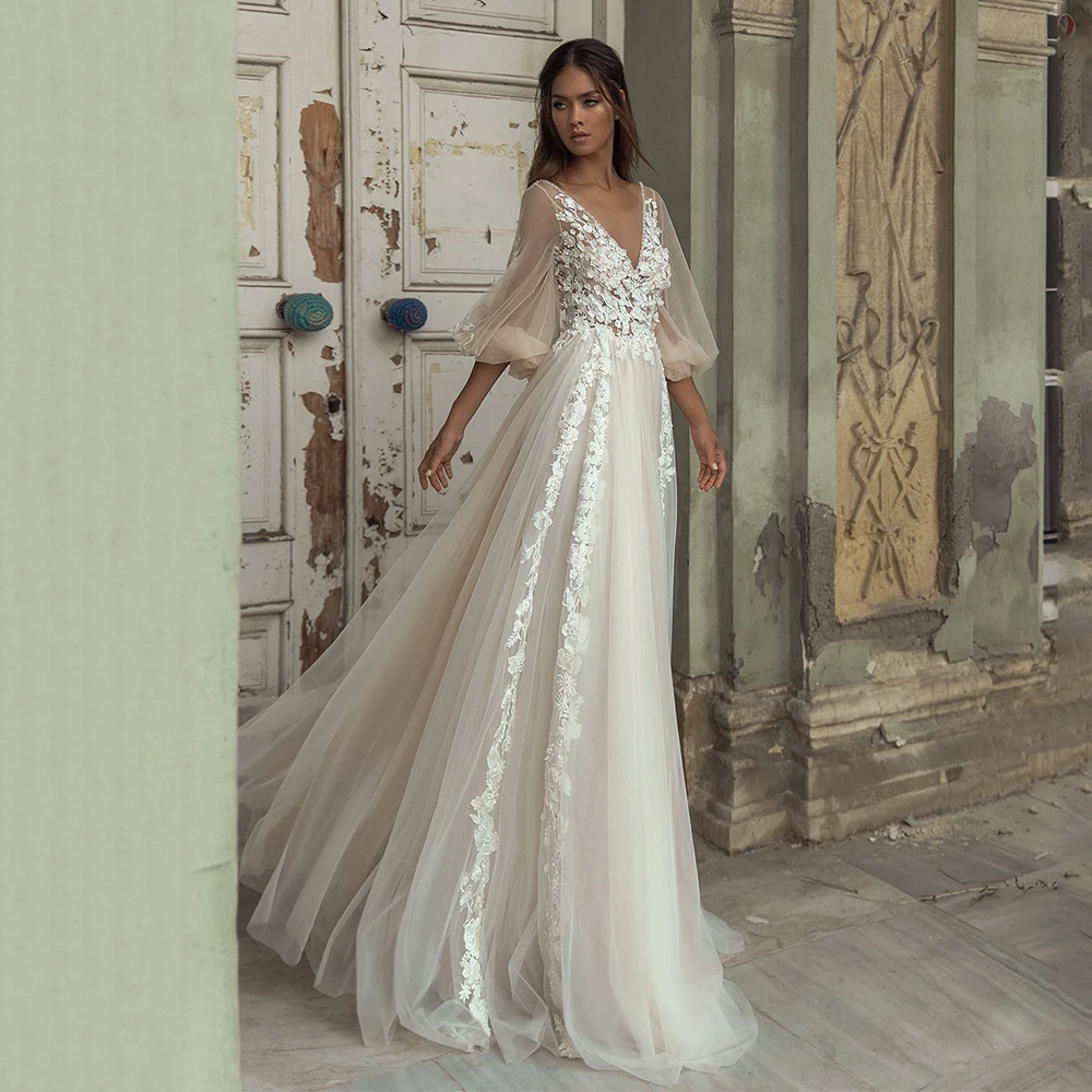 

Фатиновое свадебное платье до пола, с аппликацией и V-образным вырезом, кружевное платье на заказ с пышными рукавами до локтя, ТРАПЕЦИЕВИДНО...