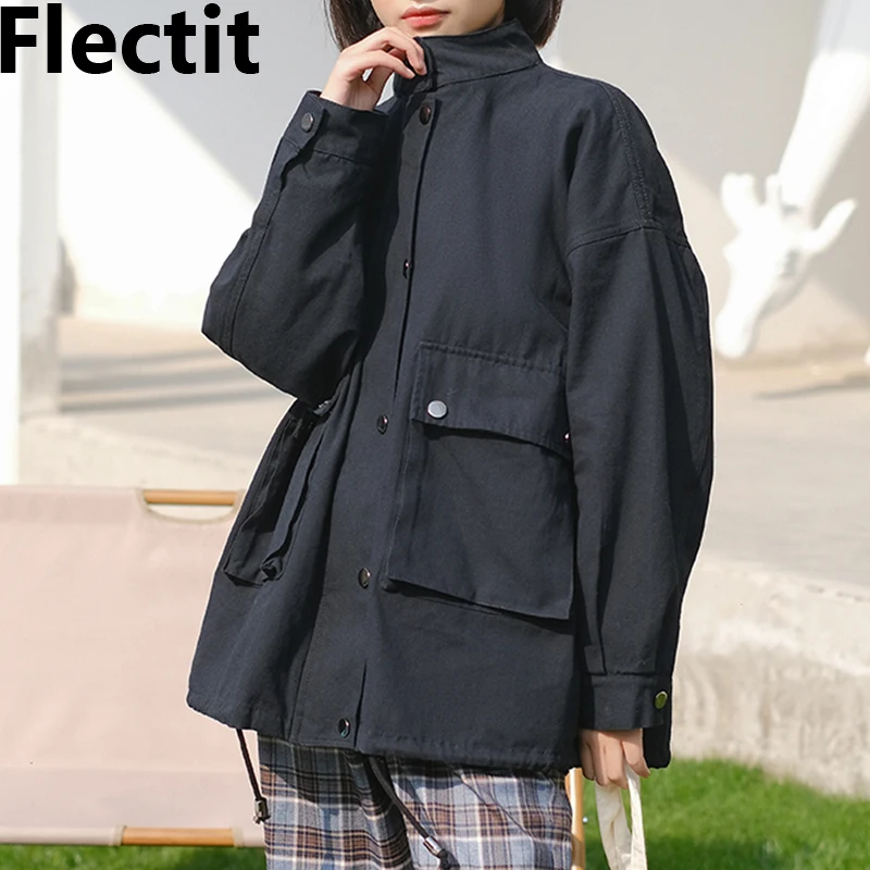 

Flectit Windbreaker Women Cargo Jacket Oversize Flap Pocket Drawstring Waist Button Up Utility Coats Lightweight Outerwear