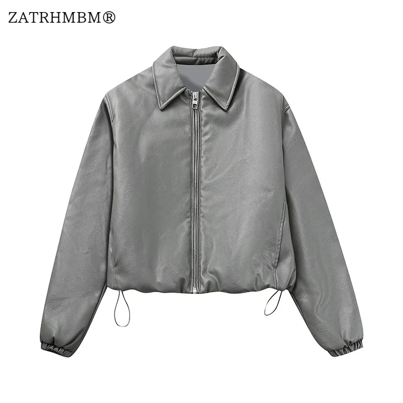 

ZATRHMBM Women 2023 Autumn Fashion Faux Leather Bomber Jackets Coat Vintage Long Sleeve Zipper Fly Female Outerwear Chic Tops