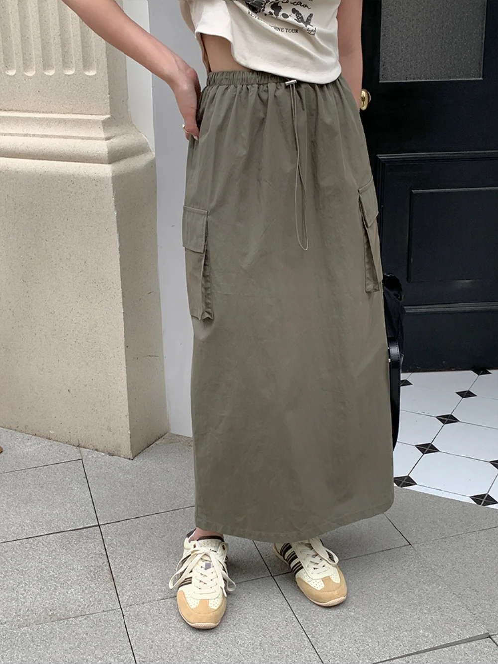 

Y2K Drawstring Cargo Skirts for Women Side Pockets Elastic High Waist Streetwear Casual Skirt 2023 Korean Girls Summer Fashion