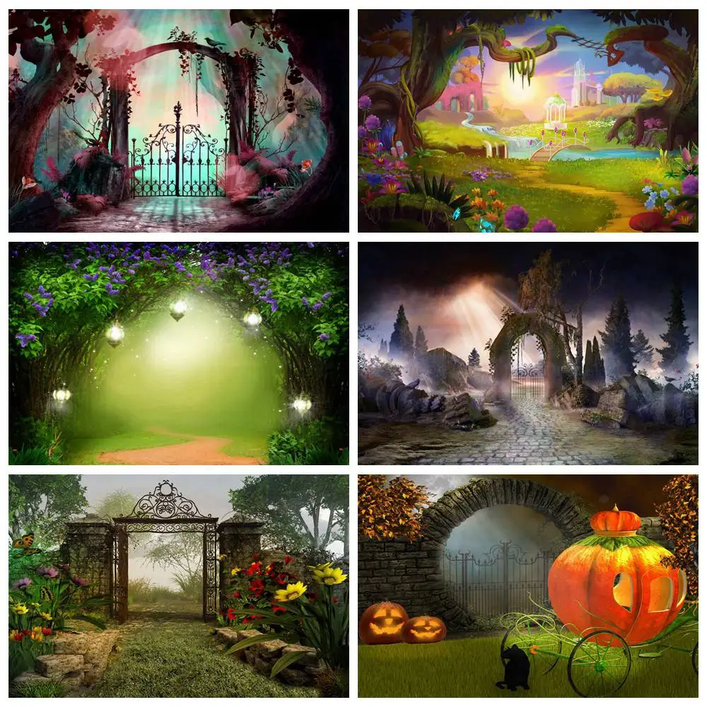 

Alice In Wonderland Birthday Backdrop Photography Decoration Custom Fairy Forest Flowers Castles Gnome Hut Home Photo Background