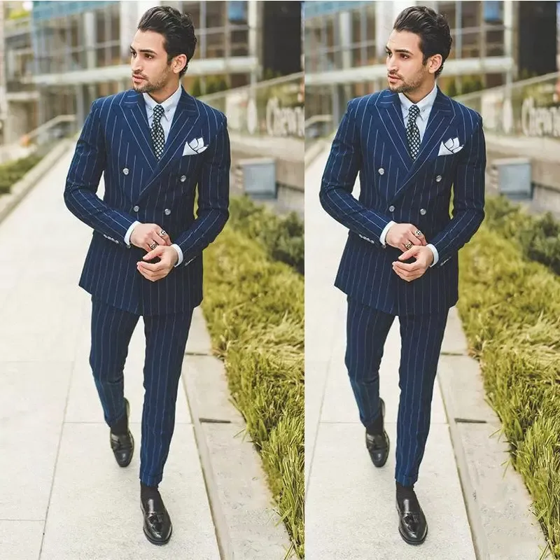 Tailor-made 2 Pieces Blazer Pants Double Breasted Pinstripes Wide Lapel Business Wedding Plus Size Tailored