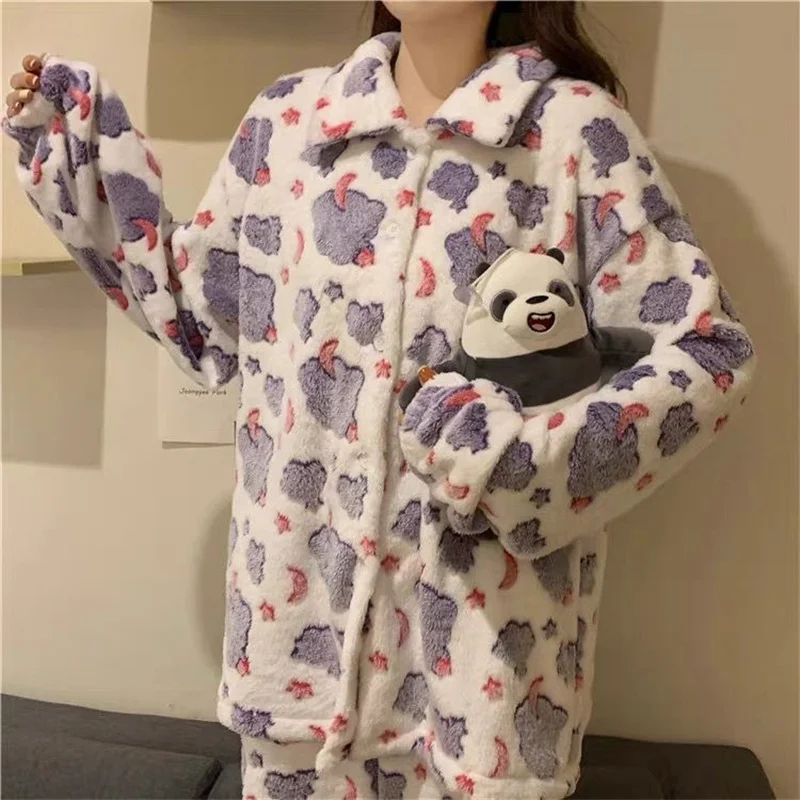 Sweet Pajamas Set Casual Shirt Sleepwear For Women Pyjama Women's Flannel Full-Sleeve Fashion Princess Homewear Plus Size