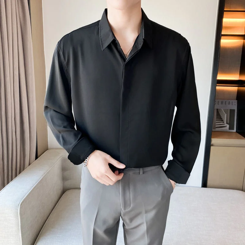 4 Colors Formal Shirts Men Slim Fashion Social Mens Dress Shirts British Style Long Sleeve Shirts Mens Ice Silk Shirts M-2XL