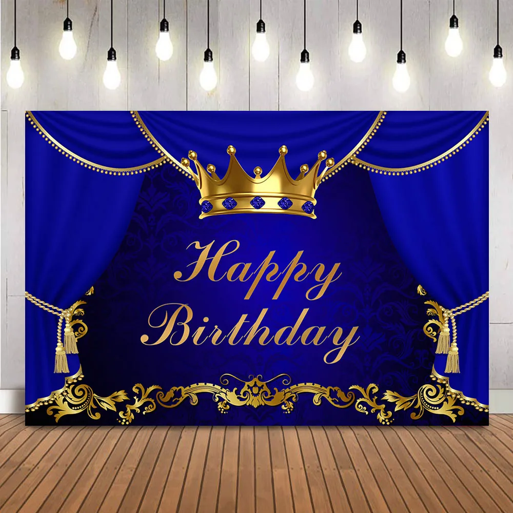 

Blue Curtain Birthday Backdrop Royal Crown Boy Birthday Photo Background Studio Photocall Royal Pattern Birthday Theme Banner