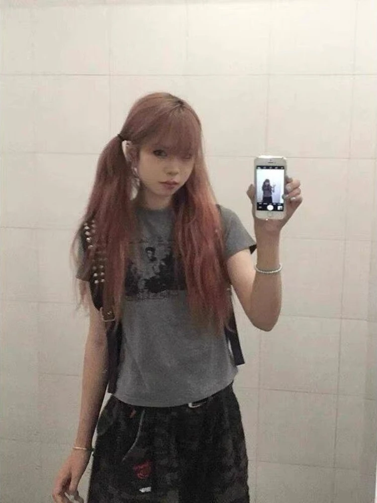 Deeptown Y2k Женские футболки с принтом серой полосы в стиле гранж 2000-х годов короткими