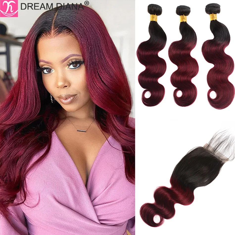 DreamDiana 100% Indian Body Wave With Closure 2/3 Tones Remy Ombre Human Hair Bundles With Closure Burgandy Bundles With Closure