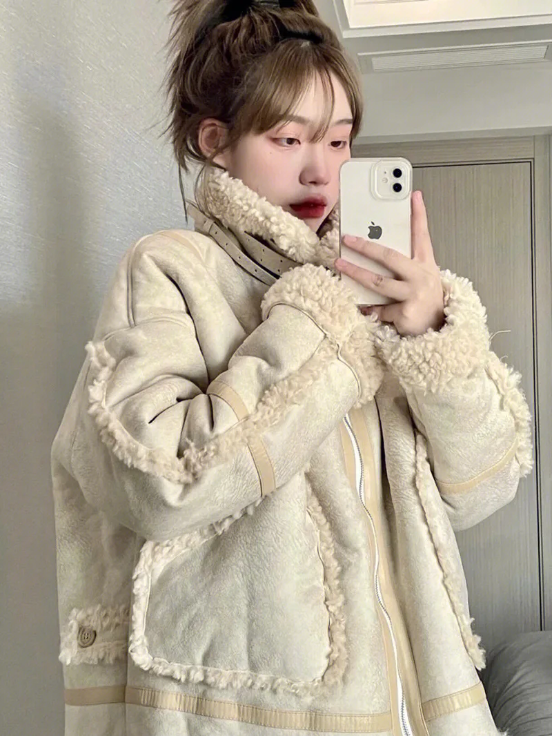 Lamb's wool double-sided jacket women's winter velvet thickened baseball uniform cotton uniform