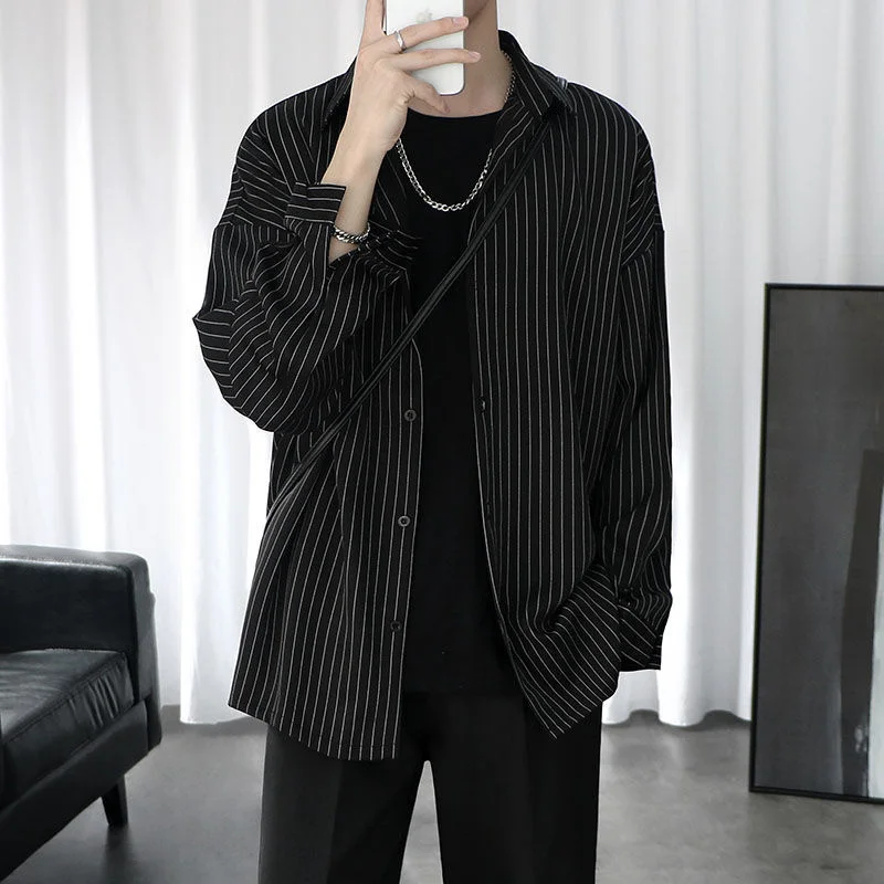 

Y2K Men Women Striped Shirts Mens Jacket Japanese Casual Oversize Hong Kong Gothic Blouses Alt Long Sleeved Shirt Tops Clothes