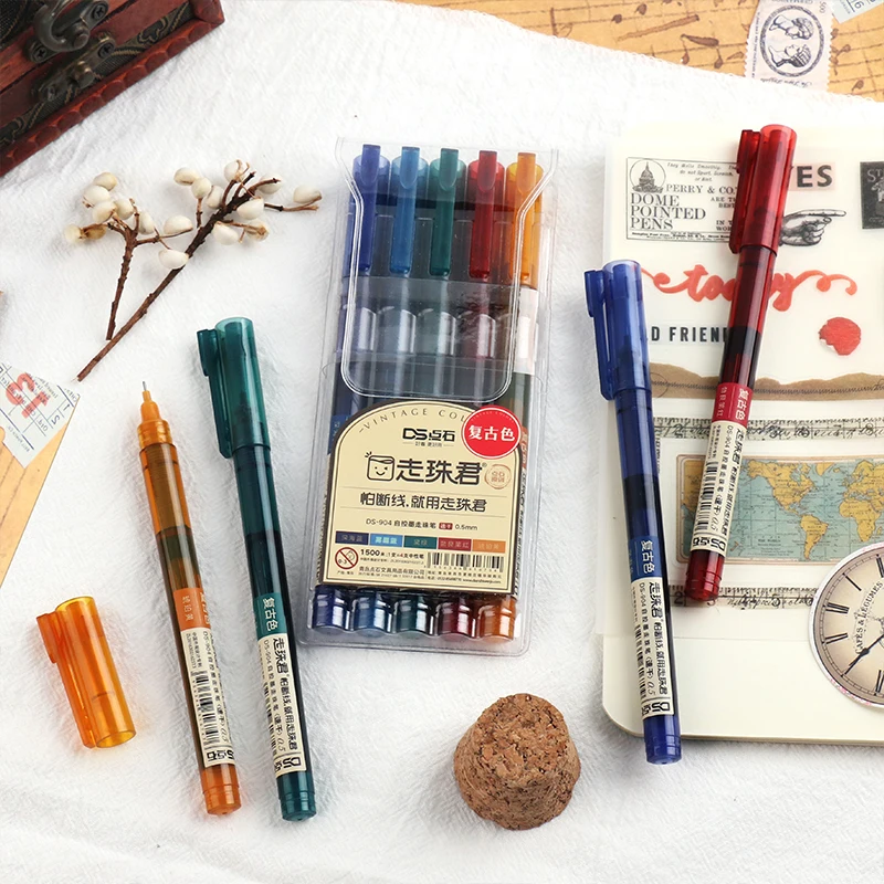 5 pcs High Capacity Straight Liquid Gel Pen DS-904 Quick Dry Vintage Colour Ink 10 Colors Set 0.5mm Needle Shaped Nib Handbook |