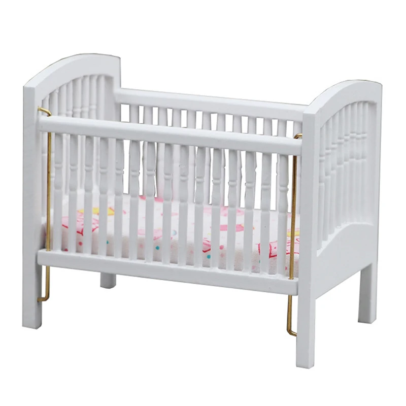 1pc 1:12 Dollhouse Miniature Wooden Bed Baby Crib White Baby Bed Furniture Bedroom Model Decor Toy Doll House Accessories
