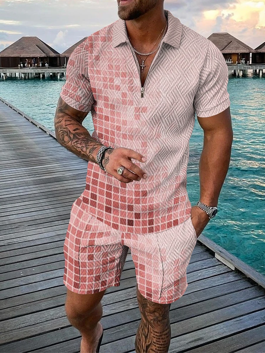 New Summer Men's Short Sleeve Polo Shirt Set Zip Lapel Vintage Streetwear Man Clothing Beach Party Suit